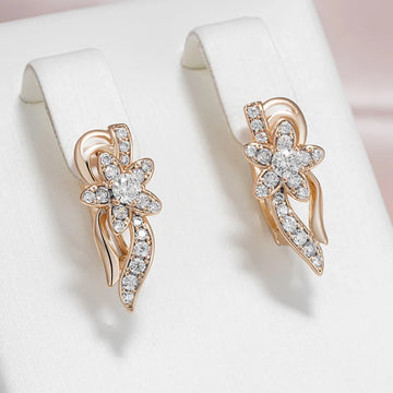 Luxury 14K Rolled Rose Gold AAA Zircon Diamonds Flower Drop Earrings For Women - Vintage Style Fine Jewellery